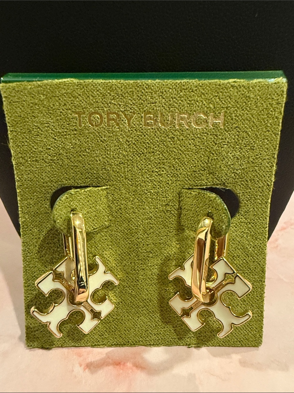 Tory Burch | Gold Plated & White Enamel Logo Hoop Drop Earrings